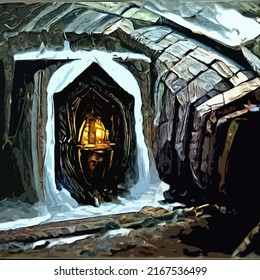 Art image of a sealed metal door entrance way carved into the face of a rocky mountain leading to dwarven tunnels. The door is full of snow, the landscape is cold and rocky. "Dwarf fortress" inspired.