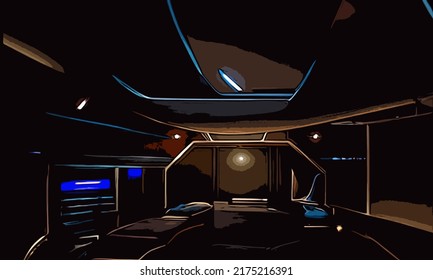 Art Image - Simple Graphic Sci-fi Spaceship, Space Station Bedroom Chamber Theme Background Template, Blue Lighting - Menu For Website, Gaming, Blog, Etc.