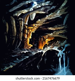 Art Image Of A Vast Dark Cavern Deep Underground Illuminated By A Bright Fiery Orange Light From A Tunnel Leading To A Magma River. Art Inspired By The 