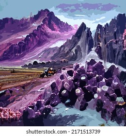 Art image of a vast mountainous purple alien landscape in a dreamy otherworldly fantasy scene.