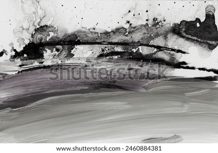 Art ink Watercolor, Acrylic smear blot brushstroke painting wall. Abstract texture black and white color grunge stain background.