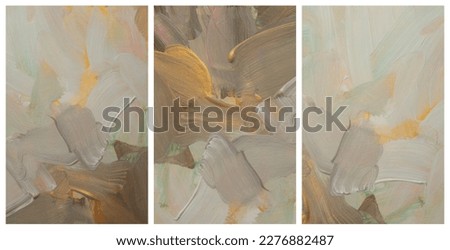 Art modern oil and acrylic smear blot canvas painting. Interior abstract triptych wall. Gold, bronze, beige and white color stain brushstroke texture background.
