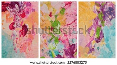 Art modern oil and acrylic smear blot canvas painting. Interior abstract triptych wall. Color stain brushstroke texture background.