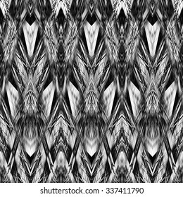 art monochrome ornamental ethnic styled horizontal seamless pattern with symmetrical zigzag; blurred watercolor background in black and white colors. Pat 10