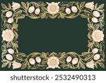 Art nouveau frame background, flower ornament design. Floral flower frame on green background. Vintage flower frame green botanical art drawing illustration, old painting art print of floral frame.