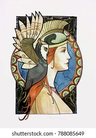 Art Nouveau Owl Athena Sky Illustration