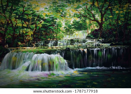             Art Oil painting Fine art color Beautiful waterfalls in Thailand                   