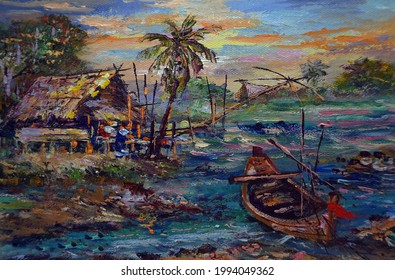 Art Oil Painting Fishing Village Seaside Stock Illustration 1994049362 ...