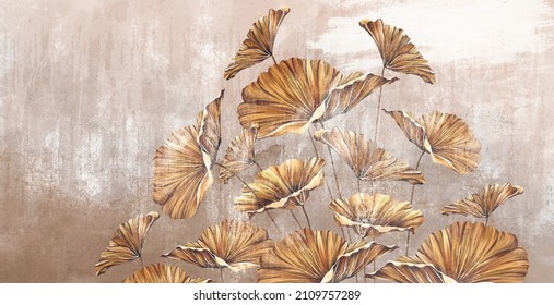 Art Painted Golden Leaves In Pastel Technique On A Texture Wall, Photo Wallpaper In The Interior