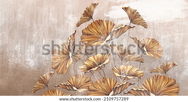 art painted golden leaves in\
pastel technique on a texture wall, photo wallpaper in the\
interior