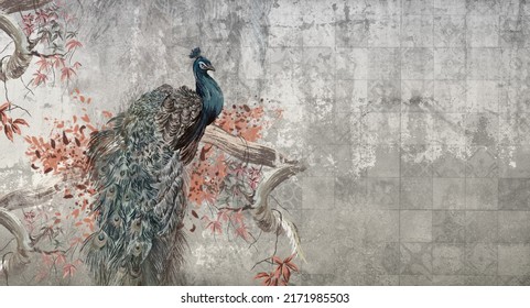 Art Painted Peacock Sitting On A Branch Among Texture Background Photo Wallpaper