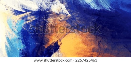 Art painting. Abstract blue and orange color paint background. Bright artistic splashes. Fractal artwork for creative graphic design