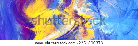 Art painting. Abstract blue and yellow color paint background. Bright artistic splashes. Fractal artwork for creative graphic design