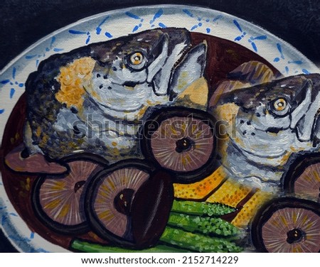      Art painting Acrylic color Realistic Food  from Thailand , Steamed Salmon Head with Soy Sauce                           