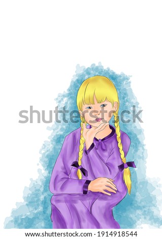 Art painting of a beautiful blonde girl with beautiful braids and headbands sitting with a purple dress
