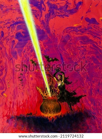 art painting of a dark, black witch summons the powers and a beam of light hits her cooking pot on the open fire, a guitar inside, against wildly moving background with bats, copy space