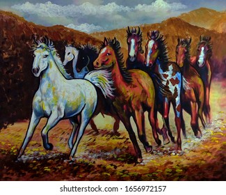 Art Painting Fine Art Oil Color Running Horse Lucky From Thailand , Herd Of Horses