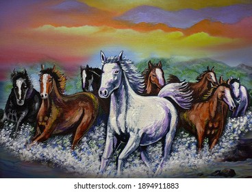  Art painting Fine art Oil color running horse Lucky from Thailand