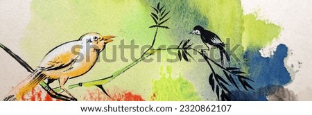  Art painting Hand drawn Watercolor A bird on the branch in the forest                           