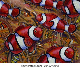    Art Painting Oil Color  Clown  Fish ,  Amphiprioninae