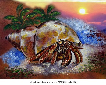   Art painting oil color cute hermit crab 
 at  sea  thailand                             