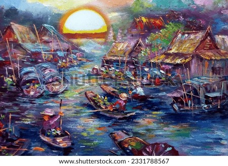 Art painting Oil color dumnoen saduak Floating market Thailand