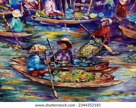 Art painting Oil color dumnoen saduak floating market at Thailand