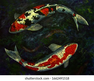 Art Painting Oil Color Fancy Carp Fish Lucky Thailand , Koi Fish