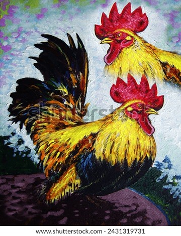 Art painting oil color hen and chicken	