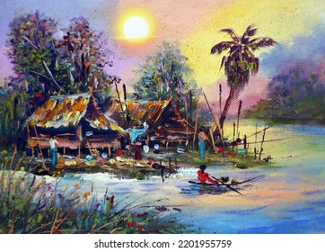 Art Painting Oil Color Hut Thailand Stock Illustration 2201955759 ...