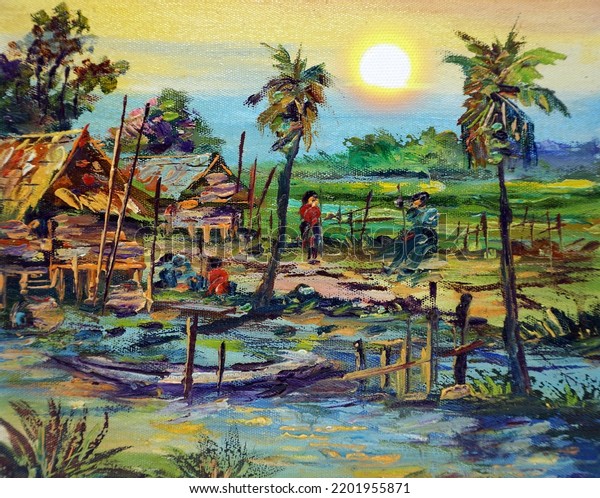 Art Painting Oil Color Hut Thailand Stock Illustration 2201955871 ...