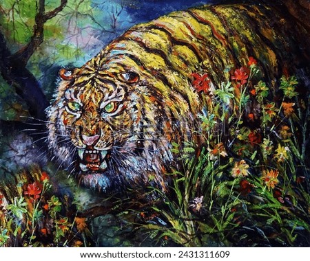 Art painting Oil color panthera tigris tiger in forest	