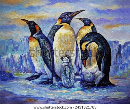  Art painting Oil color  penguin family