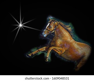 Art painting oil color Running horse Lucky in Dark From Thailand