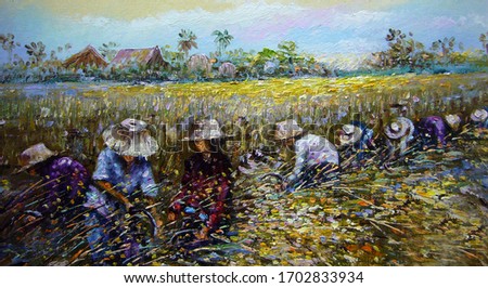 Art painting Oil color Thai land Harvest Rice