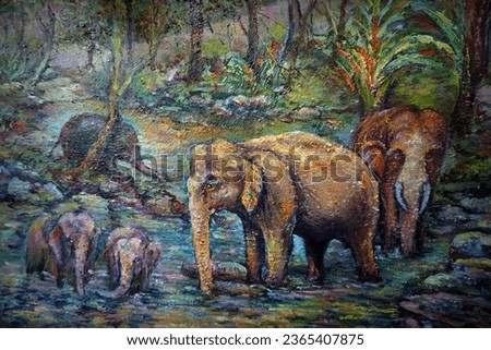     Art painting Oil color thai Elephant in forest                           