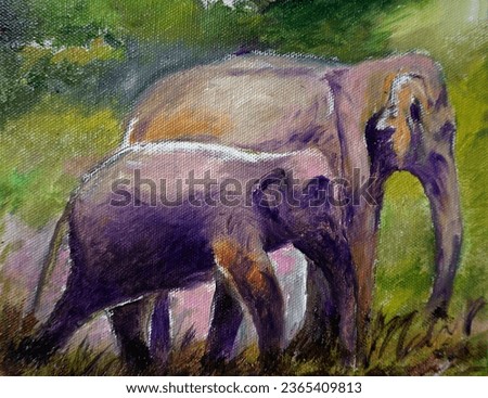     Art painting Oil color thai Elephant in forest                           