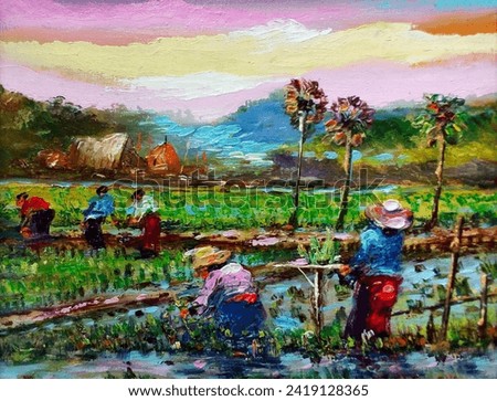 Art painting  oil  color Thailand Grow rice  and  Transplant rice seedlings , Countryside 