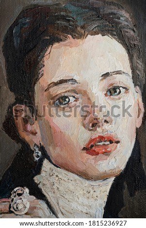 Art painting. Portrait of a girl with red lips is made in a classic style. Background is grey.