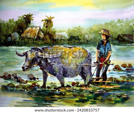  Art painting  watercolor plowman rural thailand	