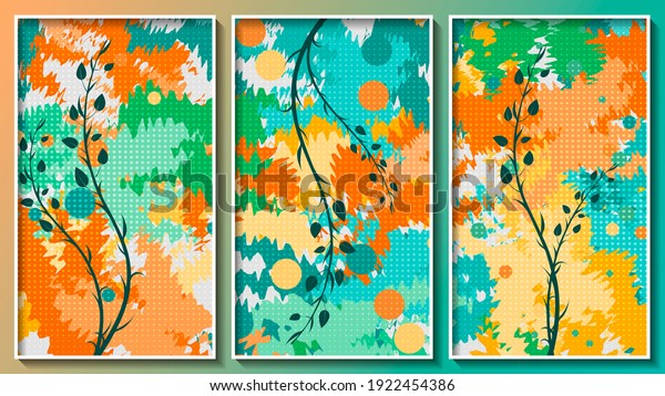 art panel of three colorful images in white frames on the wall. overlapping bright abstract shapes stylized as brush strokes and paint splashes, gently curved floral elements. 