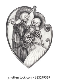 Art Punk Love Wedding Skull. Hand Pencil Drawing On Paper.