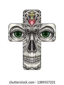 Art Skull Cross Tattoo Hand Drawing Stock Illustration 1389557231 ...