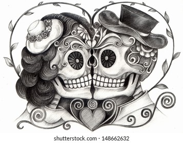 Art Skull Day Of The Dead. Hand Drawing On Paper.