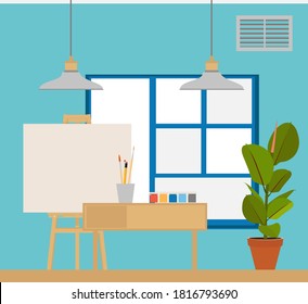 Art Studio Interior. Creative Workshop Room With Canvas, Paints, Brushes, Easel And Pictures. Design Salon For Artists. Flat Style Raster Illustration.