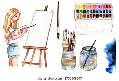 Art Studio Interior. Woman Artist Drawing. Creative Workshop Room With Canvas, Paints, Brushes, Easel And Pictures. Design Salon. Watercolor Illustration.