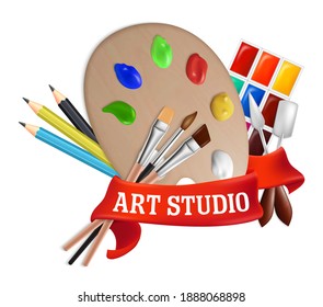 Art studio label, emblem, logo template. Realistic artist palette with tools for painting such as paintbrushes, watercolor paints, knives and pencils. - Powered by Shutterstock - Get 15% off with code: PIKWIZARD15