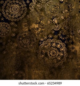 art stylized sketched floral ornamental pattern, grunge monochrome brown background