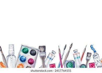 Art supplies banner with brushes, paints, paint tubes, pencil, palette, water spray. Watercolor Illustration isolated on white background. Hand painted design for certificates, flyers. Space for text. - Powered by Shutterstock