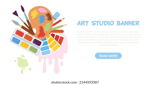 Art supplies banner. Kids creative, arts school or camp. Crafting materials, summer drawing workshop flyer. Painting tools decent background - Powered by Shutterstock